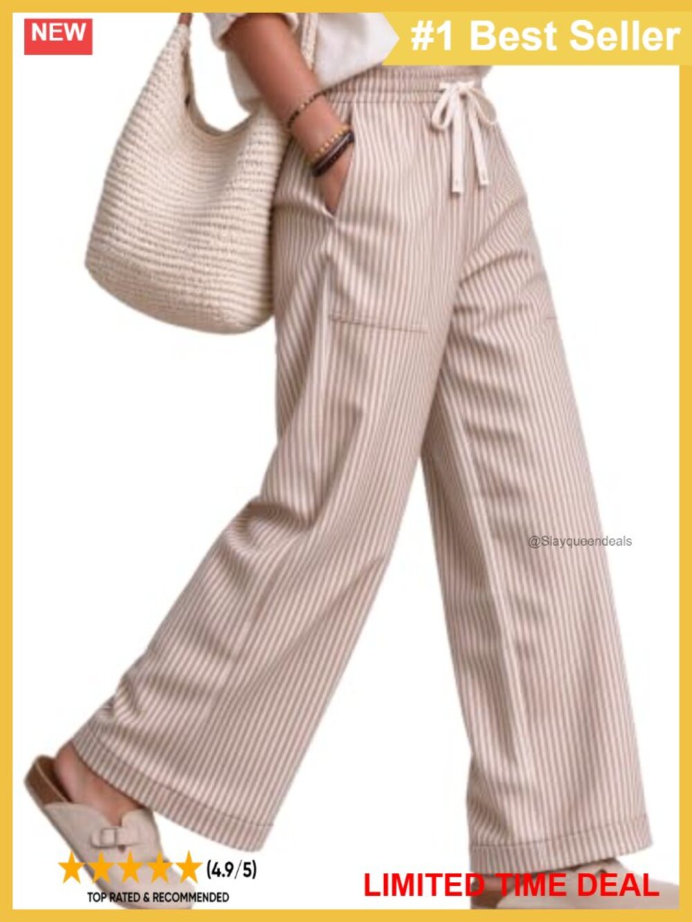 Cotton Wide Leg Palazzo Pants Striped Drawstring High Rise Trousers